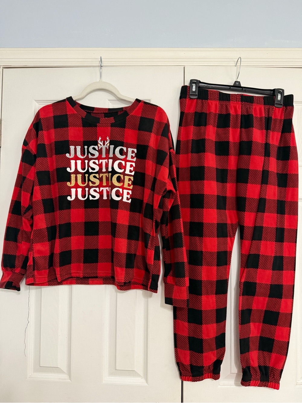 Justice buffalo plaid two piece fleece pajamas girls size XL holiday